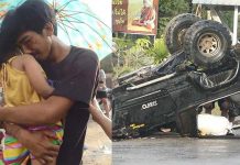 พ่อน้ำตาไหล กอดลูกสาว 5 ขวบด้วยความเป็นห่วง หลังขับรถชนเสาไฟพลิกคว่ำ